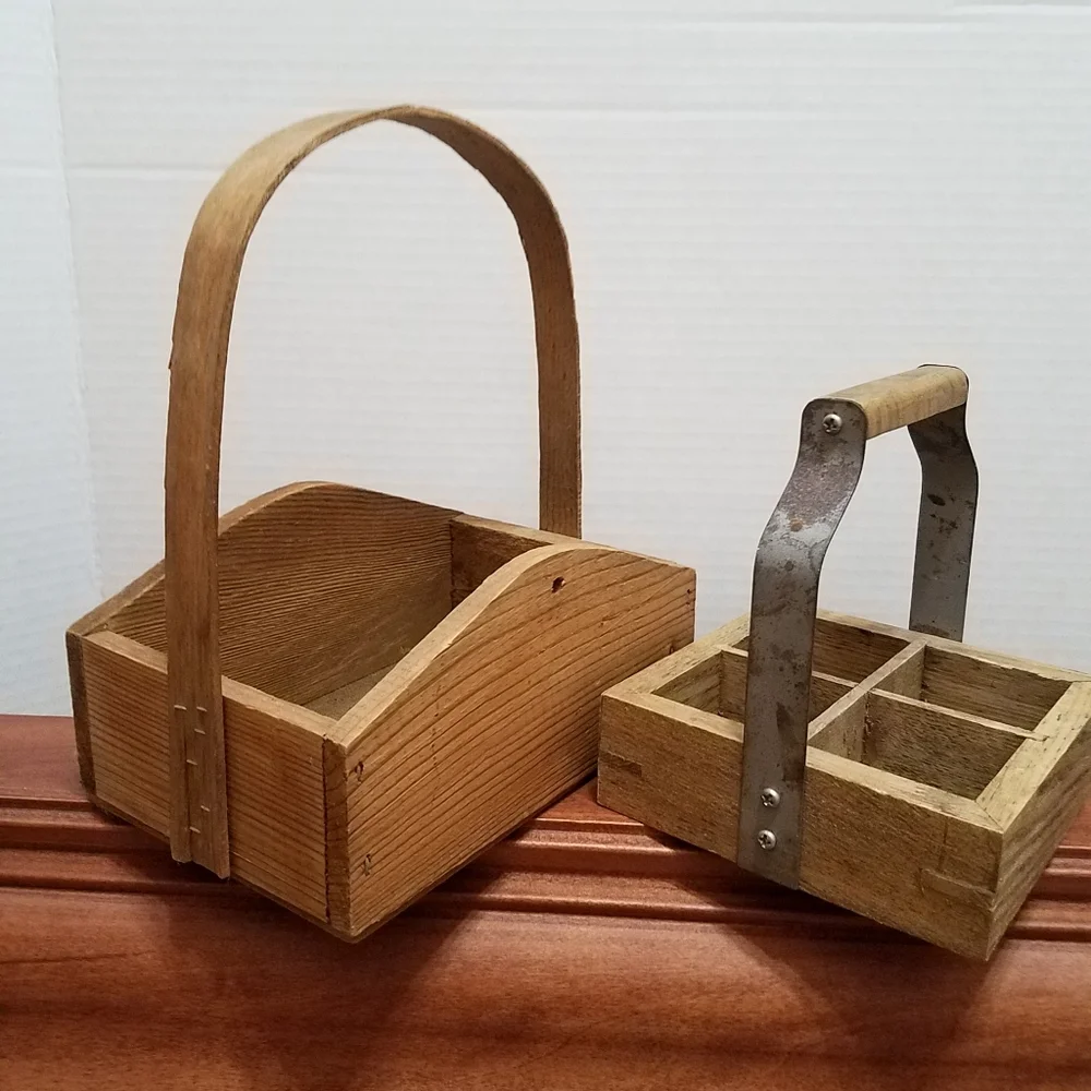 set of 2 Handmade Wood Baskets Primitive Potpourri & Sectioned Tray